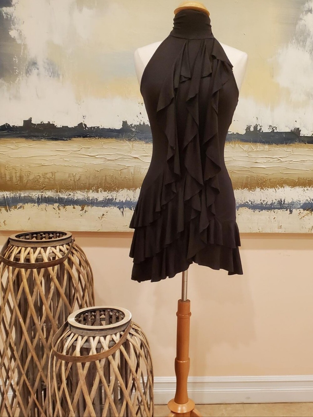 RUFFLE FRONT MINI HALTER DRESS. SIZE SMALL, MEDIUM AND LARGE